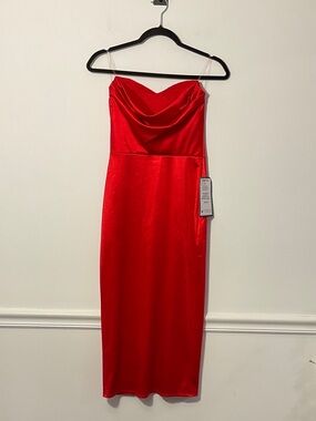 Emerald Sundae Red Strapless Satin Midi Dress